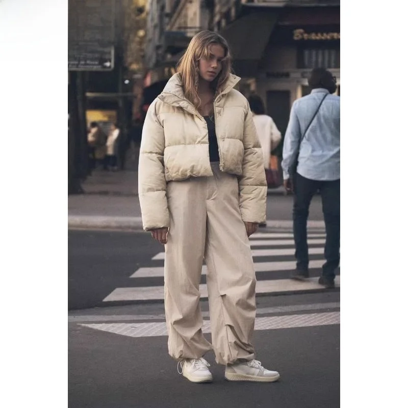 

Women's Sli Thiened Bread Sle Cotton Jaet Loose Fit Warm Versatile ort Coat Zipper Closure Sweet Sle Pure Color