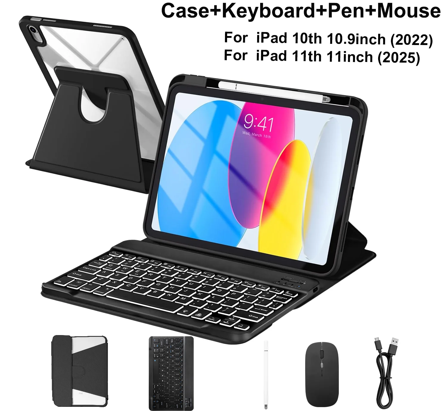 360 Rotate Case Keyboard with Mouse Pencil for  2025 11th Generation 11-inch A16 A3354 A3355 for iPad 2022 10th Gen 10.9 Cover
