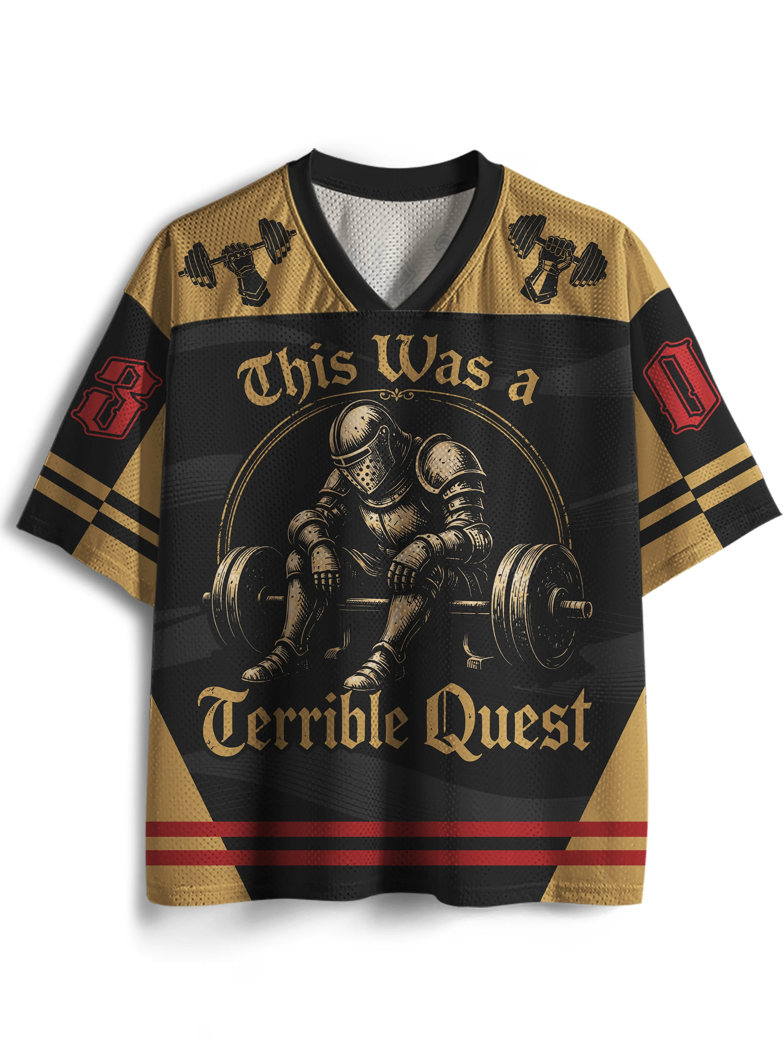 Unisex Y2K Medieval Knight Barbell Gym Graphic Mesh Jersey V‑Neck Short Sleeve Breathable Loose Streetwear Sports Tops