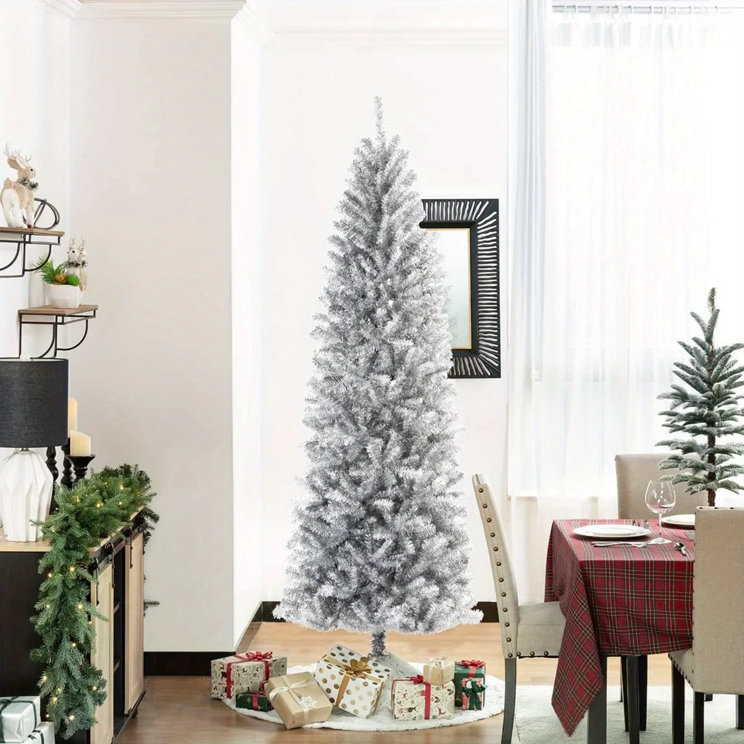 

7FT Artificial Christmas Tree, Kingswood Fir, Silve Unlit Holiday Tree with Metal Stand, remium Hinged Xmas Decoration