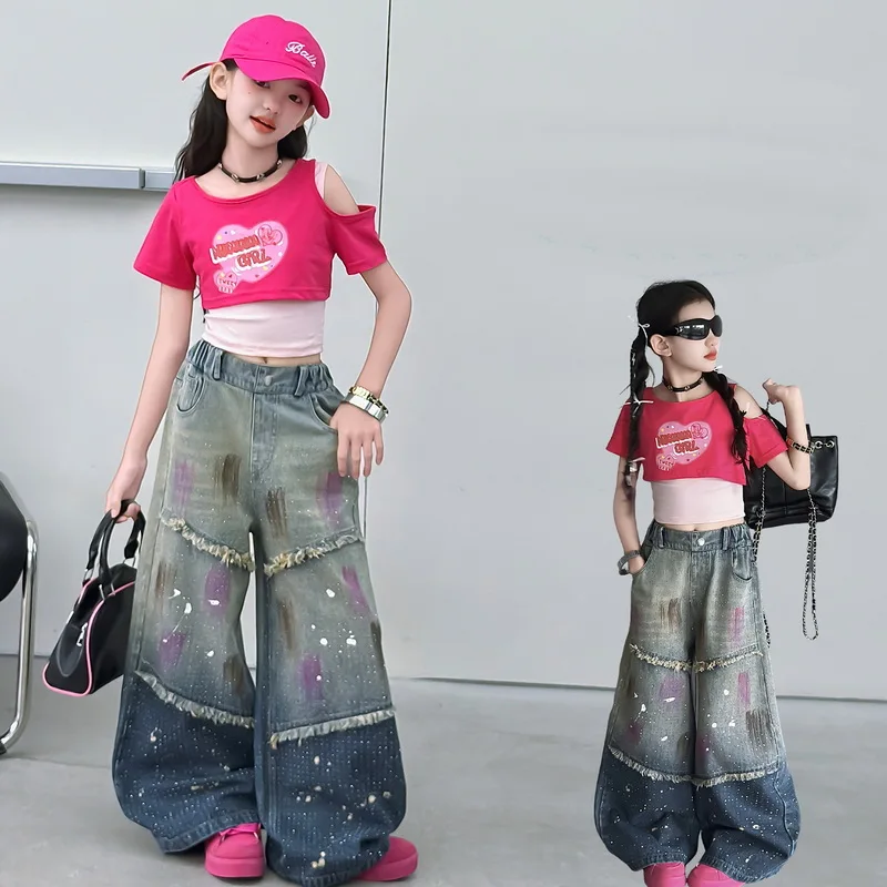 Girls Gradient Wide Leg Jeans Fashion Kids Spring Starry Rhinestone Casual Loose Fit Denim Pants Children's Summer Trousers