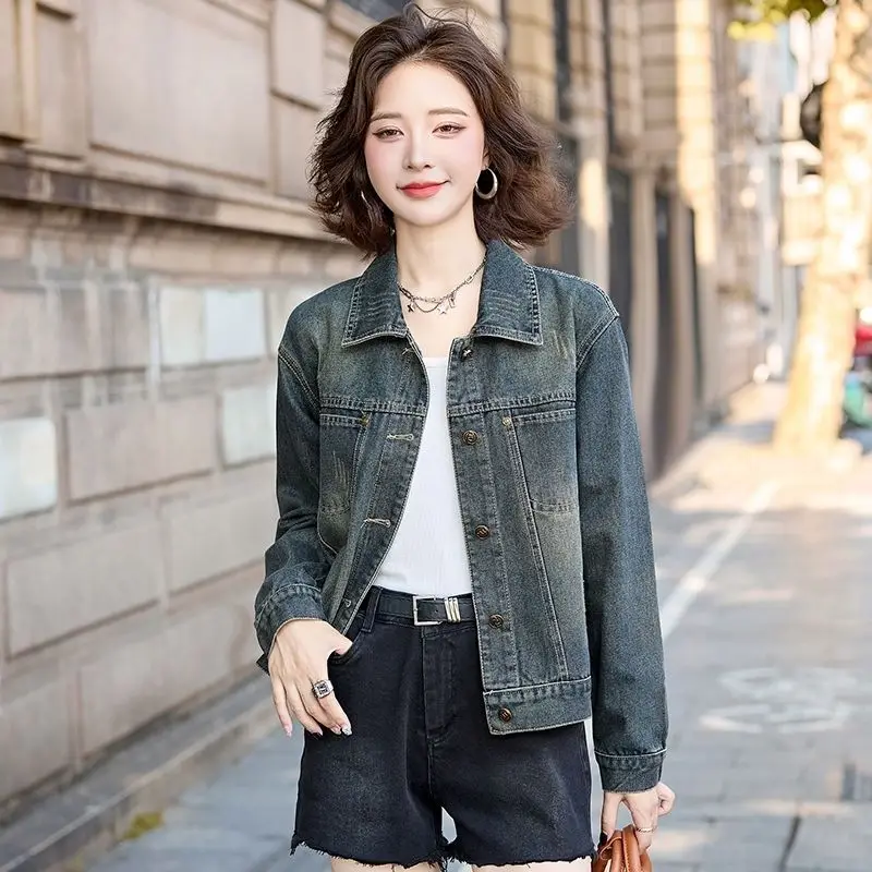 Jaqueta jeans curta elegante feminina 2025 primavera outono vintage estilo retrô americano casual agasalhos com mangas compridas