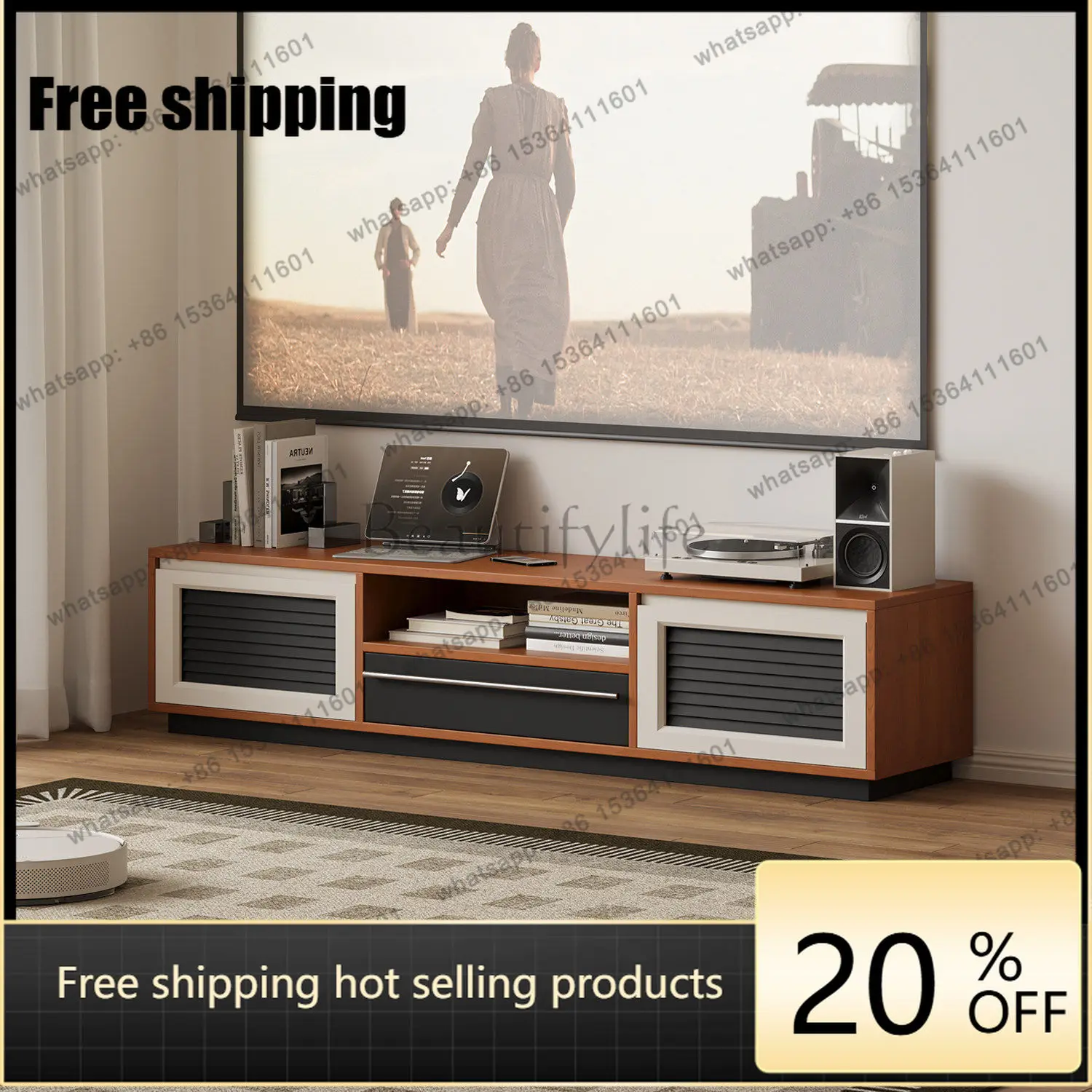 hot Modern warm brown color matching louver TV cabinet, living room against the wall, advanced storage side cabinet
