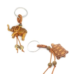 Elephant Animal Key Chain Pendant Keychain Peach Wood Turtle Horse Carving Riches Lucky Women Bags Pom Pom Charm Home Key Rings