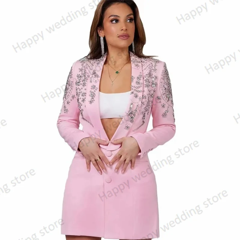 Rosa Kristalle Frauen Anzug 1 Stück Blazer lange formale Festzug Hochzeit Smoking Jacke Mantel Hose maßge schneiderte Ballkleid Outfit