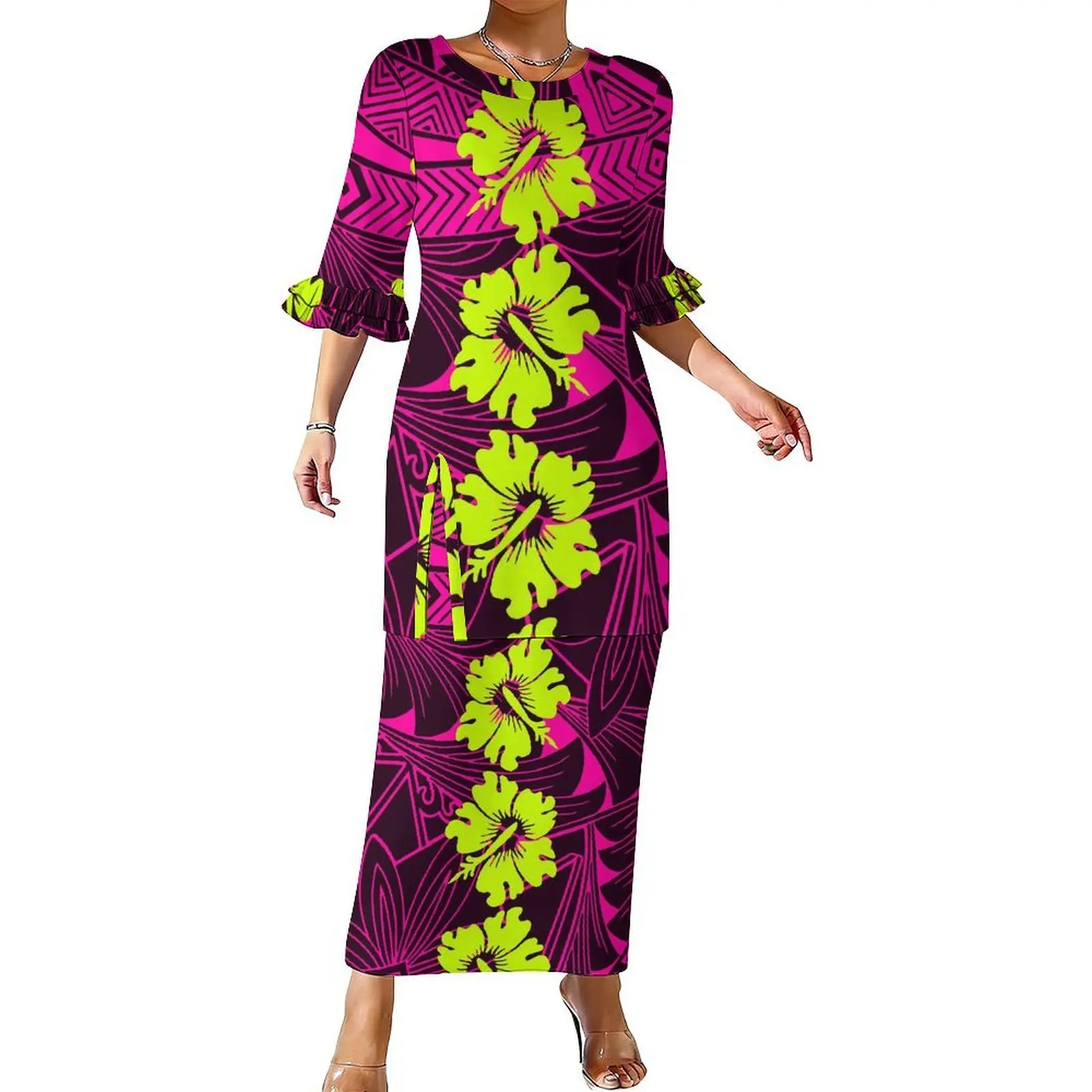 Tribal-Designed Floral Print Pattern Women'S Suit Skirt Polynesian Custom Puletasi Style With Elegant Double Ruffled Sleeves