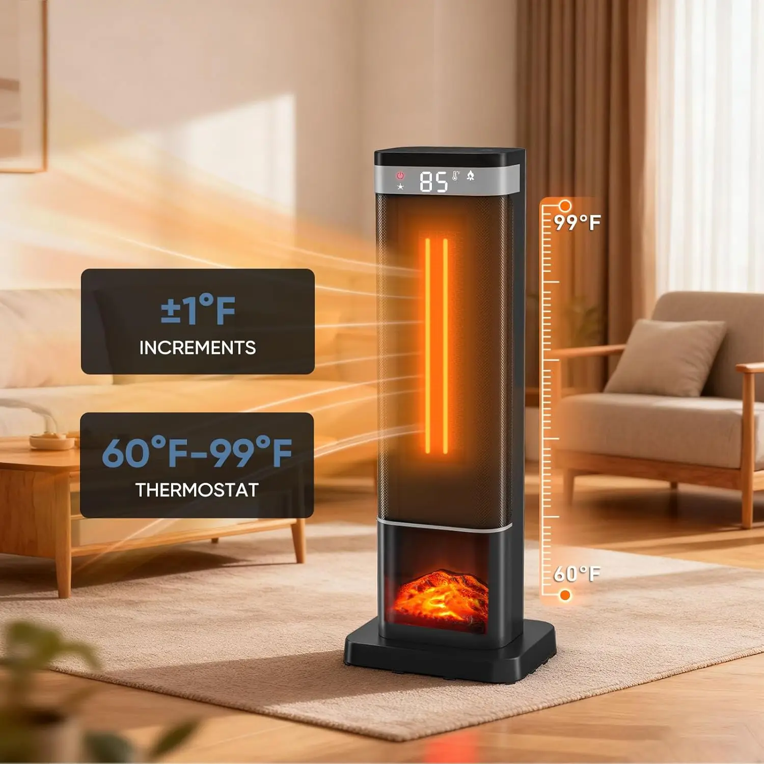 24in Portable Space Heater, 3 Light Colors, Remote Control, Adjustable Thermostat, Tip-over Protection, 60° Oscillation