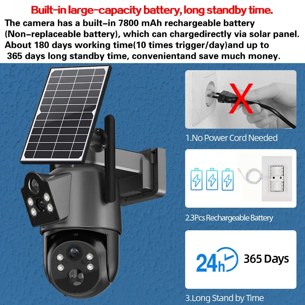 ICSEE Solar Wifi PTZ telecamera di sicurezza 4K Dual Lens Outdoor batteria integrata telecamera di sorveglianza CCTV Wireless PIR rilevamento umano