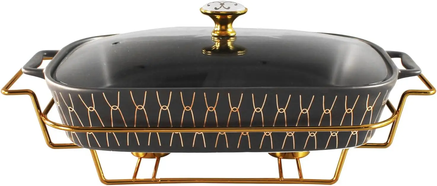 

Керамическая прямоугольная тарелка для запекания размером 11 x 8 дюймов со стеклянной крышкой и стойкой, сервировочная суповая тарелка емкостью 1,6 литра, тарелка для запекания для шведского стола, кадры