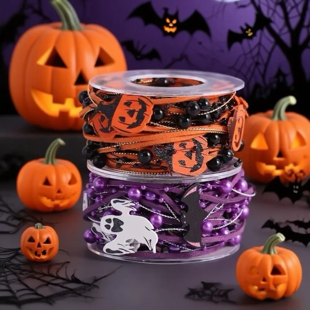 Pumpkin Halloween Decorative Ribbon Ghost Beads Halloween Packaging Gift Box Ribbon Wooden Handmade DIY Ribbon Strips