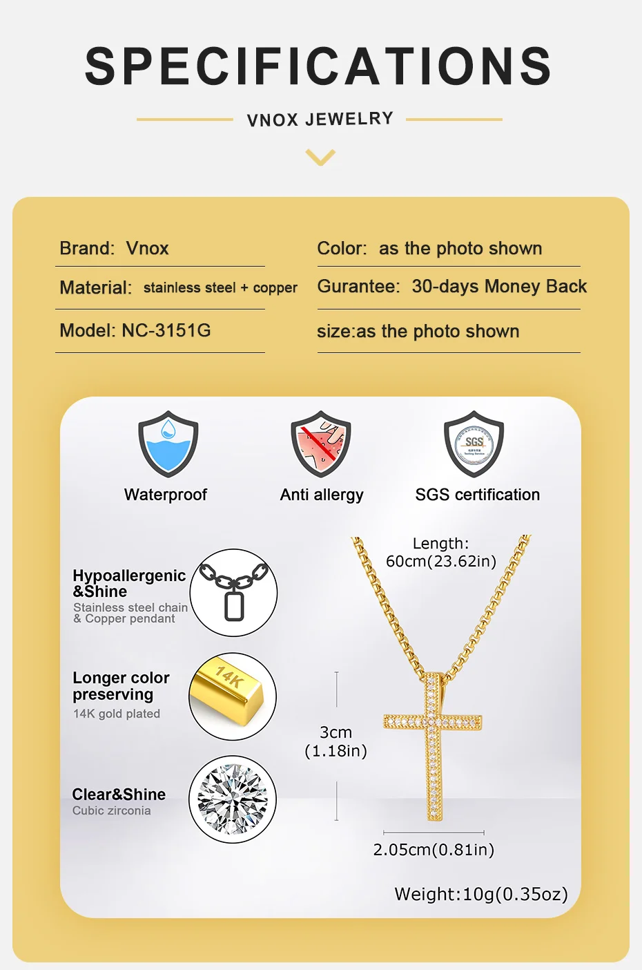 Vnox Gold Silberfarbene Kreuz-Anhänger-Halskette für Männer, Kupfer-Anhänger-Halskette, Christlicher Religiöser Hip-Hop-Modeschmuck Geschenk – Detail 4