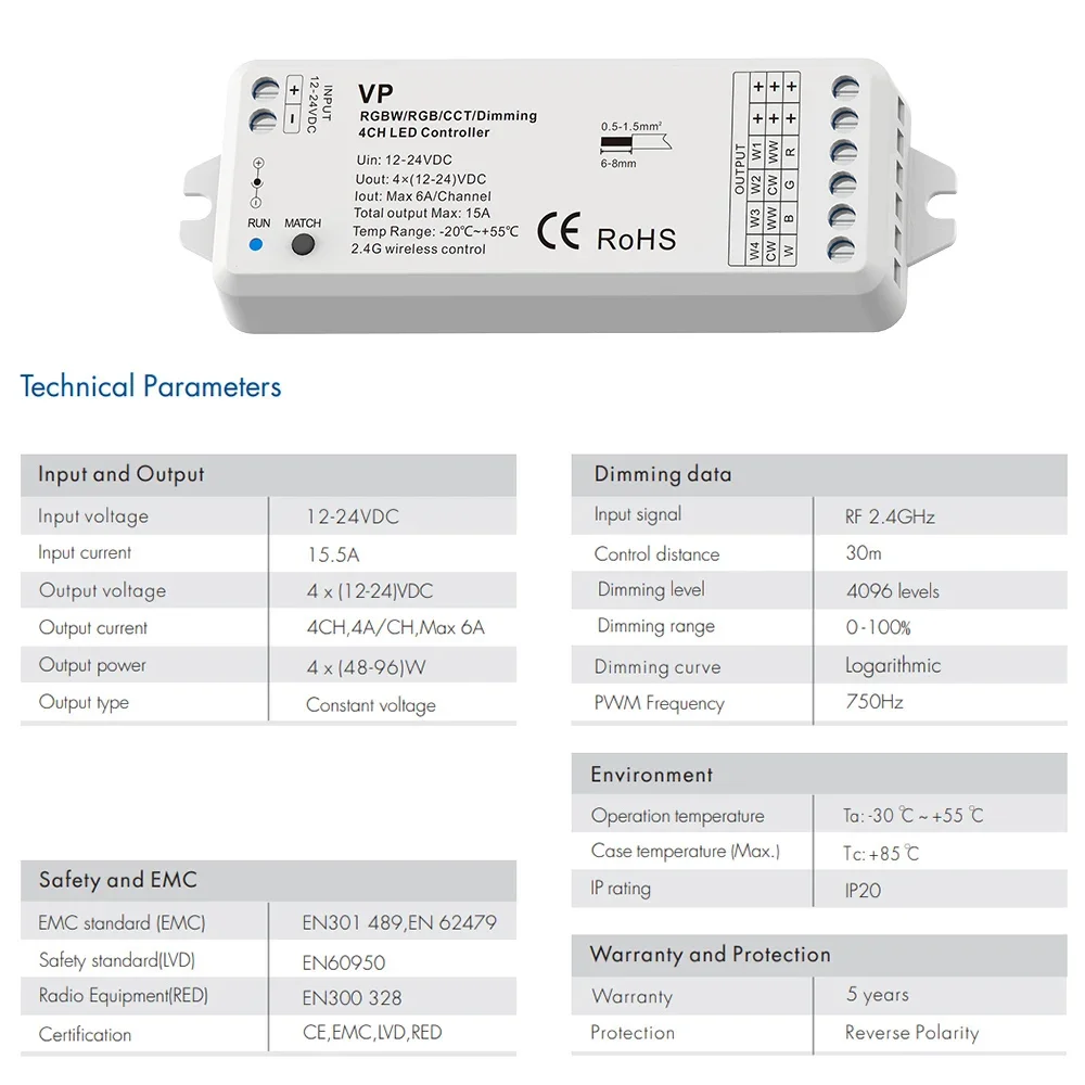 DC 12V 24V LED Dimmer 4 Channel 15A PWM Wireless RF 2.4G Remote Controller 4 Way LED Dimmer Switch for Single Color LED Strips