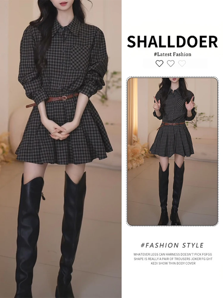 

Fashionable Retro Style Women's Outfit Spring Autumn Plaid Dress And Shorts Set Elegant Commute Two Piece Set Casual Wind