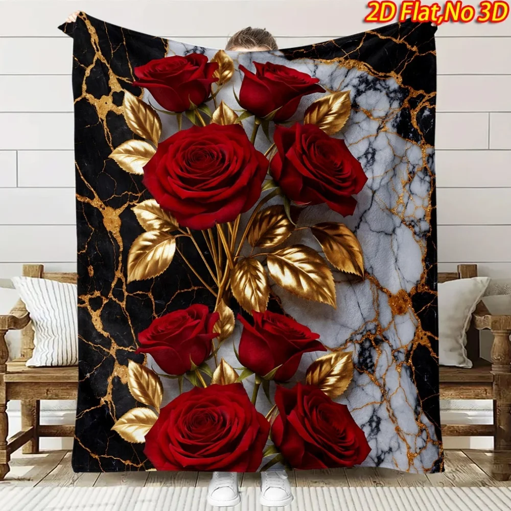 1pc 2D Flat Printing Spring And Summer New Arrival Red Rose Golden Leaf Marble Texture Fleece Blanket, 100% Fiber HD Digital Pri