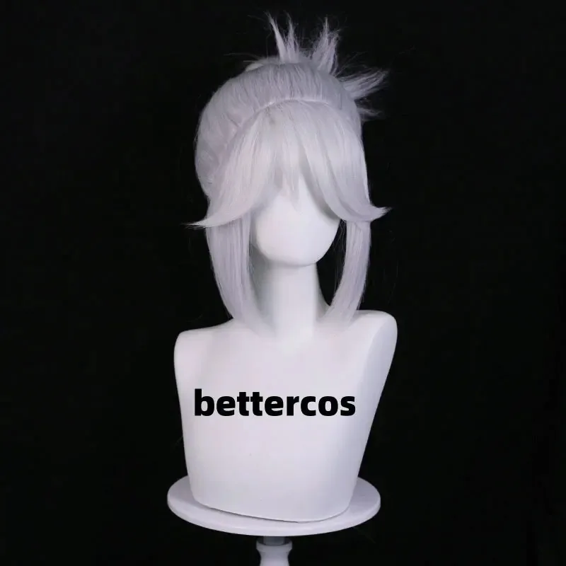 CyGame Valorant Jett شعر مستعار تأثيري جيت فضي أبيض فضي رمادي شعر مستعار مقاومة للحرارة الاصطناعية خصلات الشعر المستعار + قبعة شعر مستعار