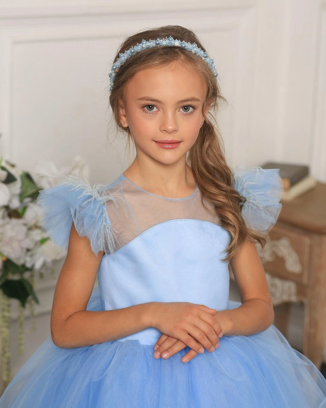 2024 luz azul flor vestido da menina para o casamento tule com grande arco inchado na altura do joelho princesa crianças primeira comunhão vestido