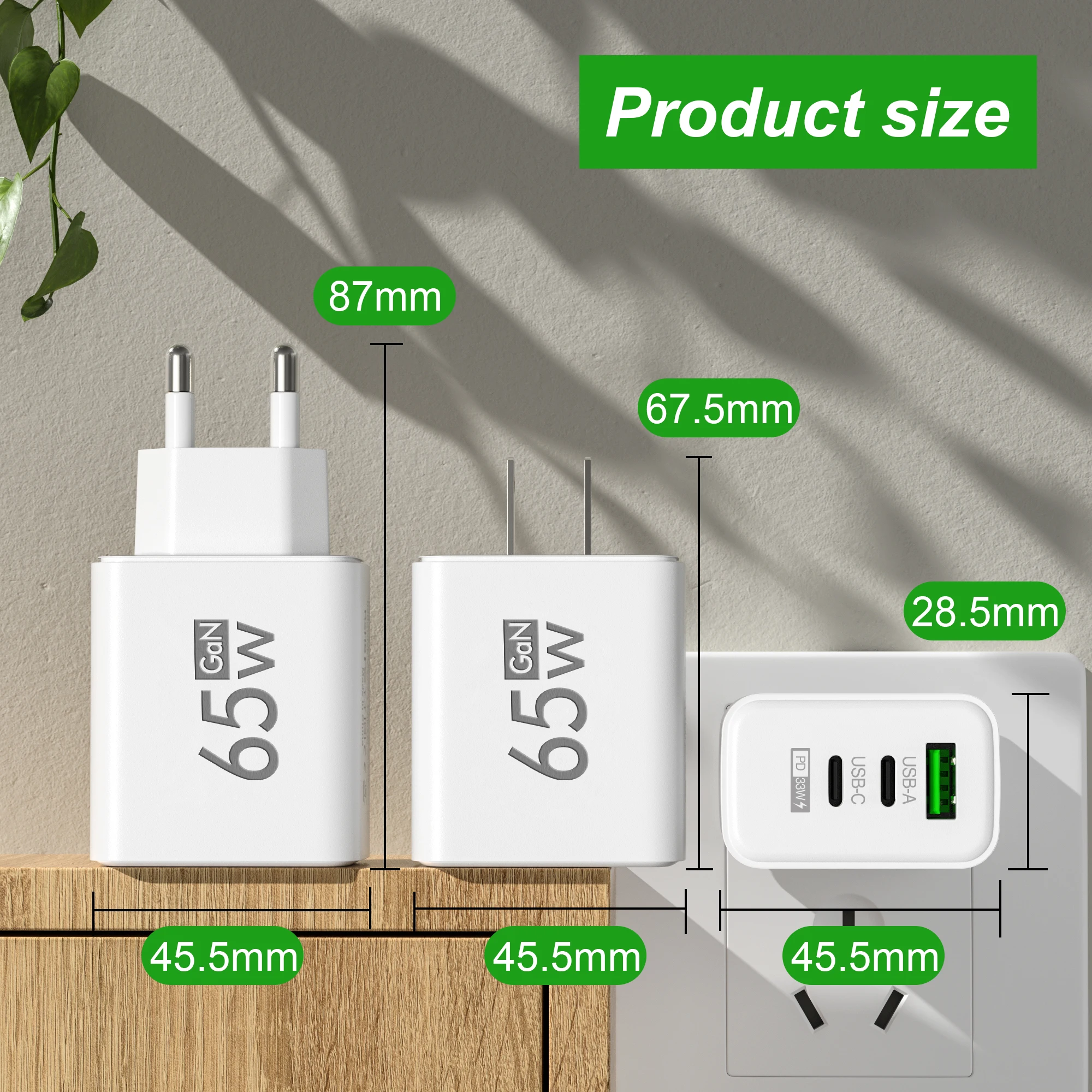 65W PD USB GaN Charger 3 Ports Fast Charging Mobile Phone Charger Wall Adapter For IPhone15 Samsung Xiaomi Redmi EU/US/UK Plug