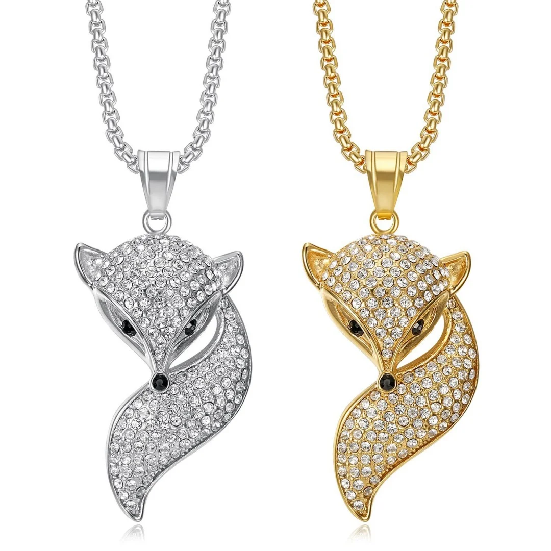 

Punk Iced Out Fox Head Pendant Gold Silver Color Stainless Steel Tennis Chain Zircon Animal Necklace for Woman Man Jewelry Gift