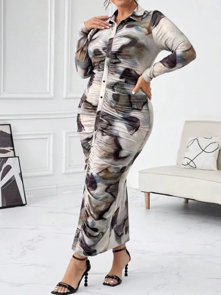 GIBSIE Plus Size Tie Dye Print Ruched Bodycon Maxi Dress Women Autumn New Fashion Long Sleeve Street Party Slit Long Dress