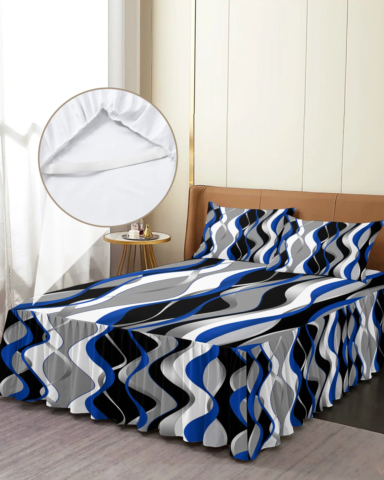 Geometry Abstract Line Blue Black Bed Skirt Elastic Fitted Bedspread With Pillowcases Mattress Cover Bedding Set Bed Sheet