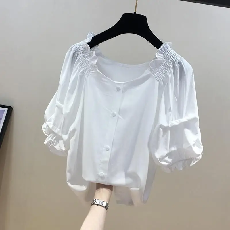 Red One Line Collar Off the Shoulder Top Women's Short Sleeved Chiffon Shirt Summer New Fashionable Temperament Top