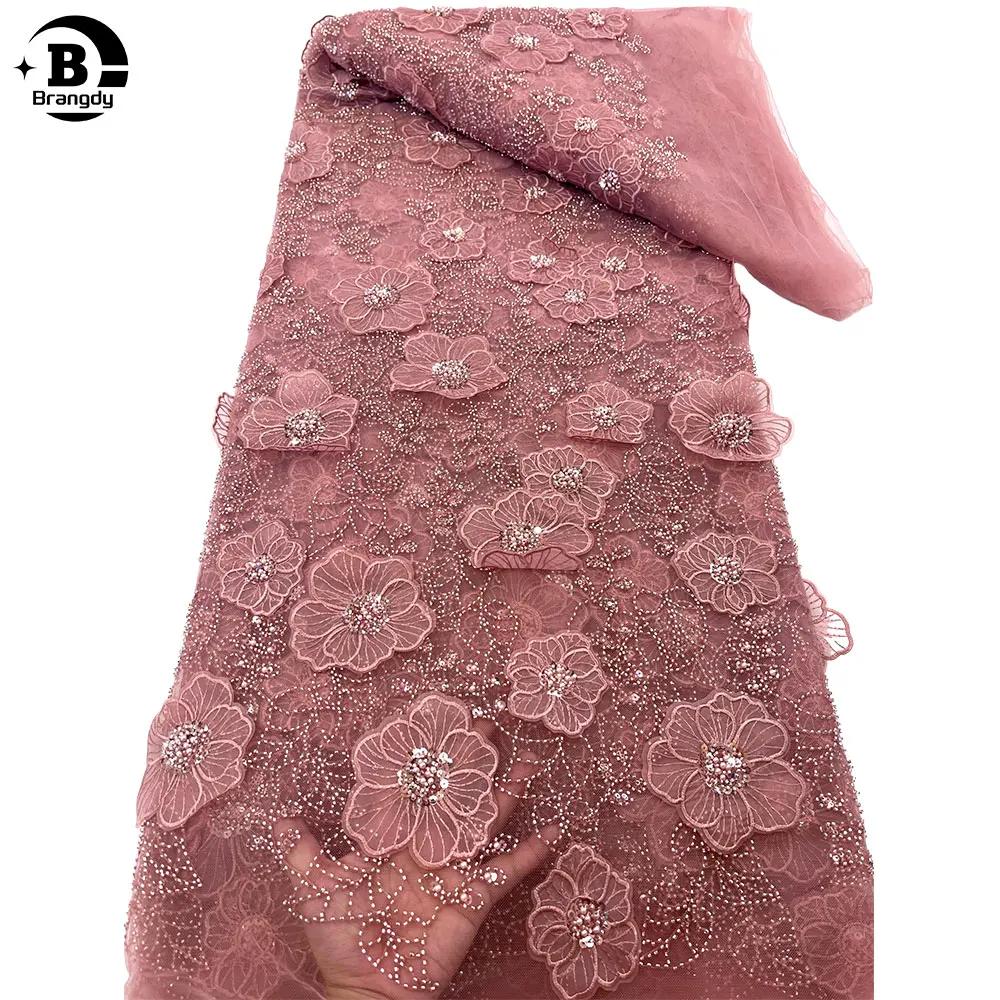 

High Quality Africa Fashion 3D Flower Design Handmade Embroidery Beads Net Lace Sequins For Wedding Or Evening Dress X90024