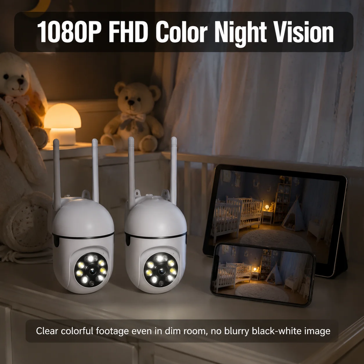 2PC 1080P 2.4G WiFi PTZ Home Camera, 355° Rotation, Night Vision, Motion Detection, Alarm Push, Two-Way Audio, Max 256GB SD Card