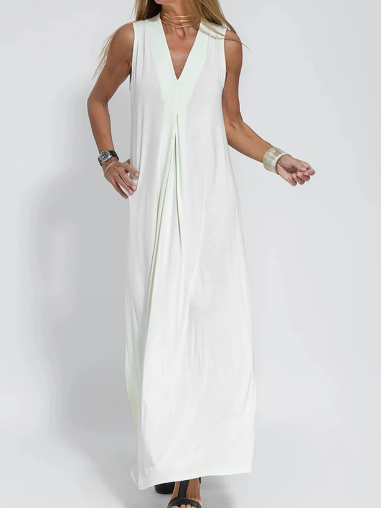 2025 New Solid Color Pullover V-Neck Beach Resort Elegant Long Dress Loose Sleeve Cardigan Casual Two Piece Se t