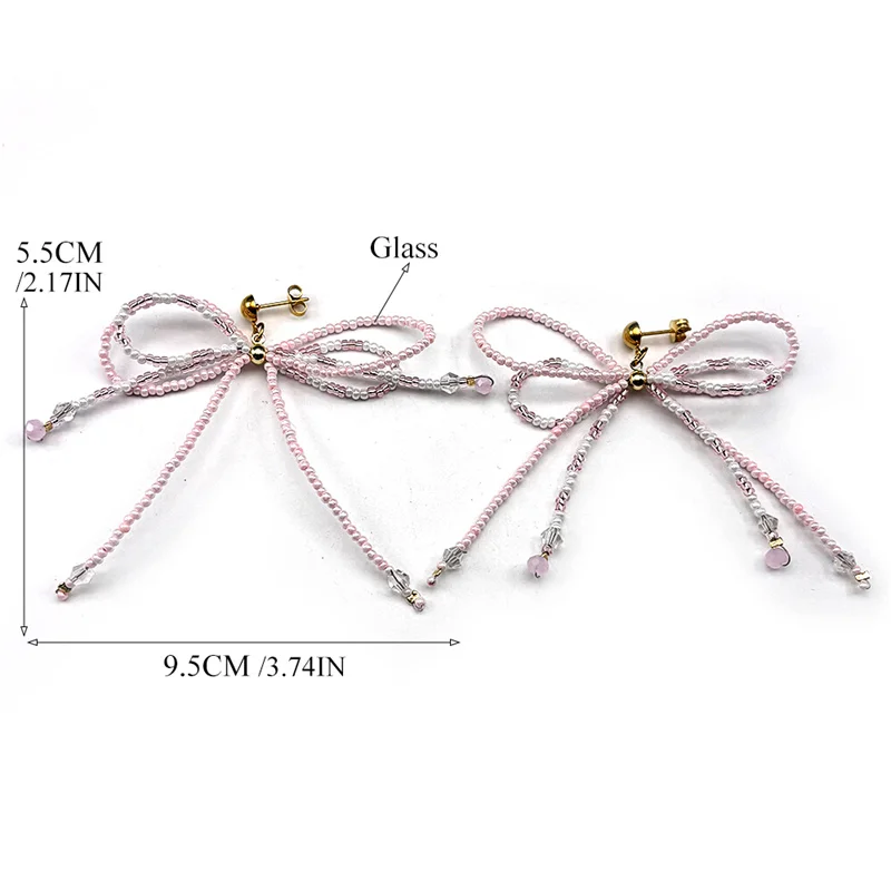 الوردي شرابة Bowknot استرخى أقراط للنساء الفتيات اليد المنسوجة الخرز الفولاذ المقاوم للصدأ موضة الإناث انخفاض القرط مجوهرات هدايا