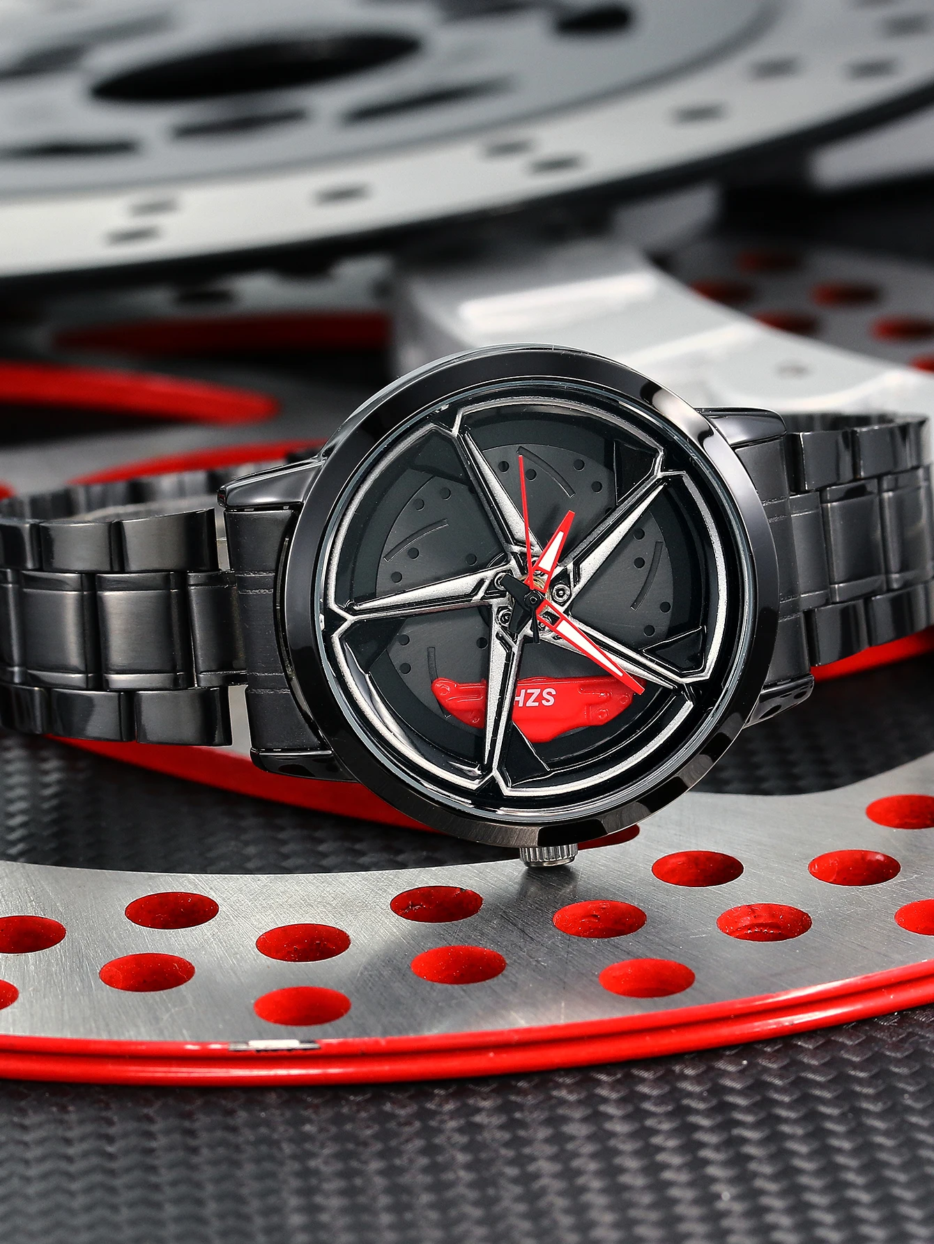 Car Rim Men Watches Stainless Steel Waterproof Sport Watch Rotating Wheel Rim Dial Quartz Wristwatch Fashion
