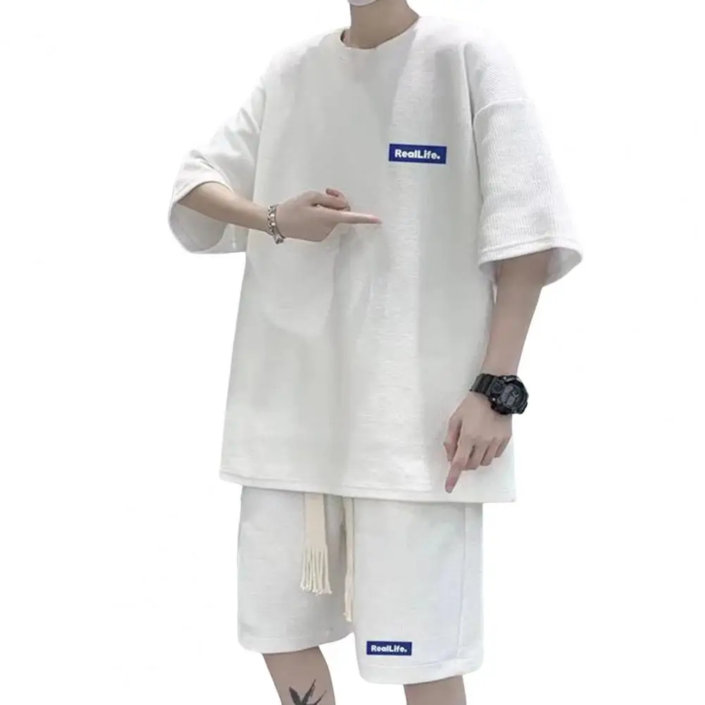 Men Two Piece Set Men's Summer Tracksuit Shorts Set with Waffle Texture Fabric Oversize Short Sleeve Sweatsuit for Versatile