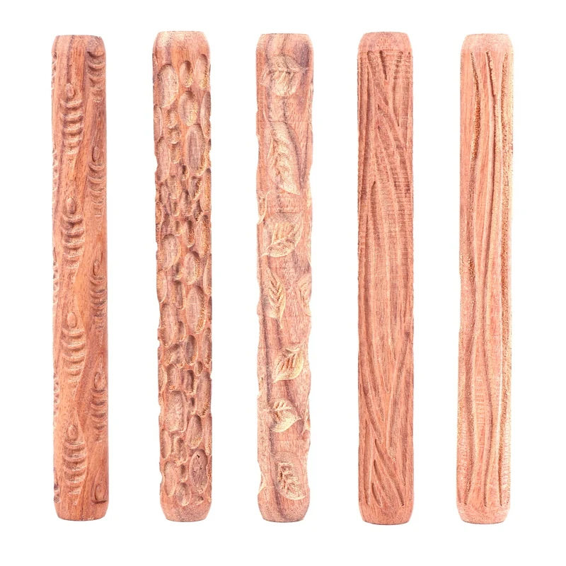 5PCS Pottery Tools Wood Hand Rollers for Clay Clay Stamp Clay Pattern Roller