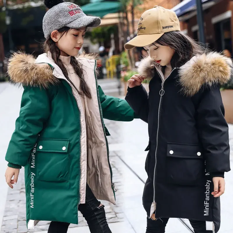 Winter Warm Girls Long Jacket Fashion Fur Collar Hooded Teen Girl Parka Coat Snowsuit Children Outerwear Clothing 4 6 10 12 13Y