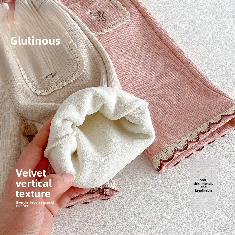 Girls' embroidered casual pants 2025 new winter baby style Korean version with velvet straight leg pants children's lace pants