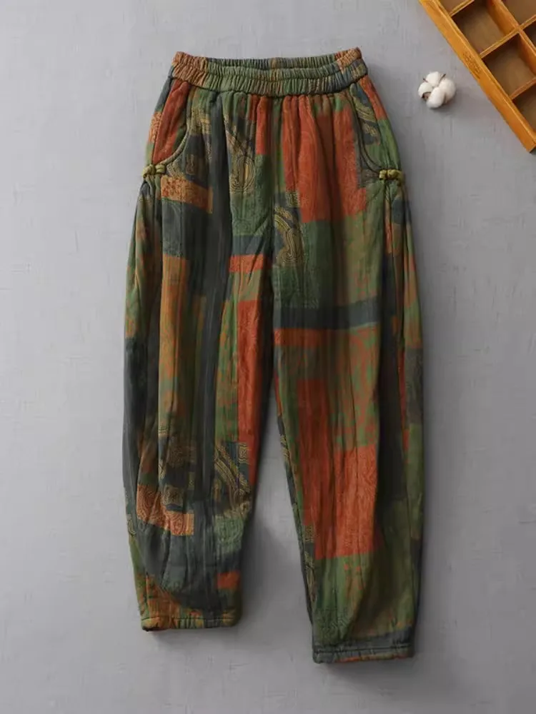 Calça de algodão acolchoada, Estilo nacional, Botão, Grosso, Quente, Acolchoada, Harem Pants, Térmica, Perna larga, Inverno, Novo, 2022