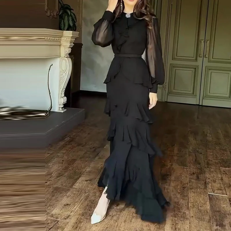 Dames casual lange mouw effen kleur feestjurk mode gedrapeerde ruches slanke lange jurk elegante o-hals hoge taille herfstjurk