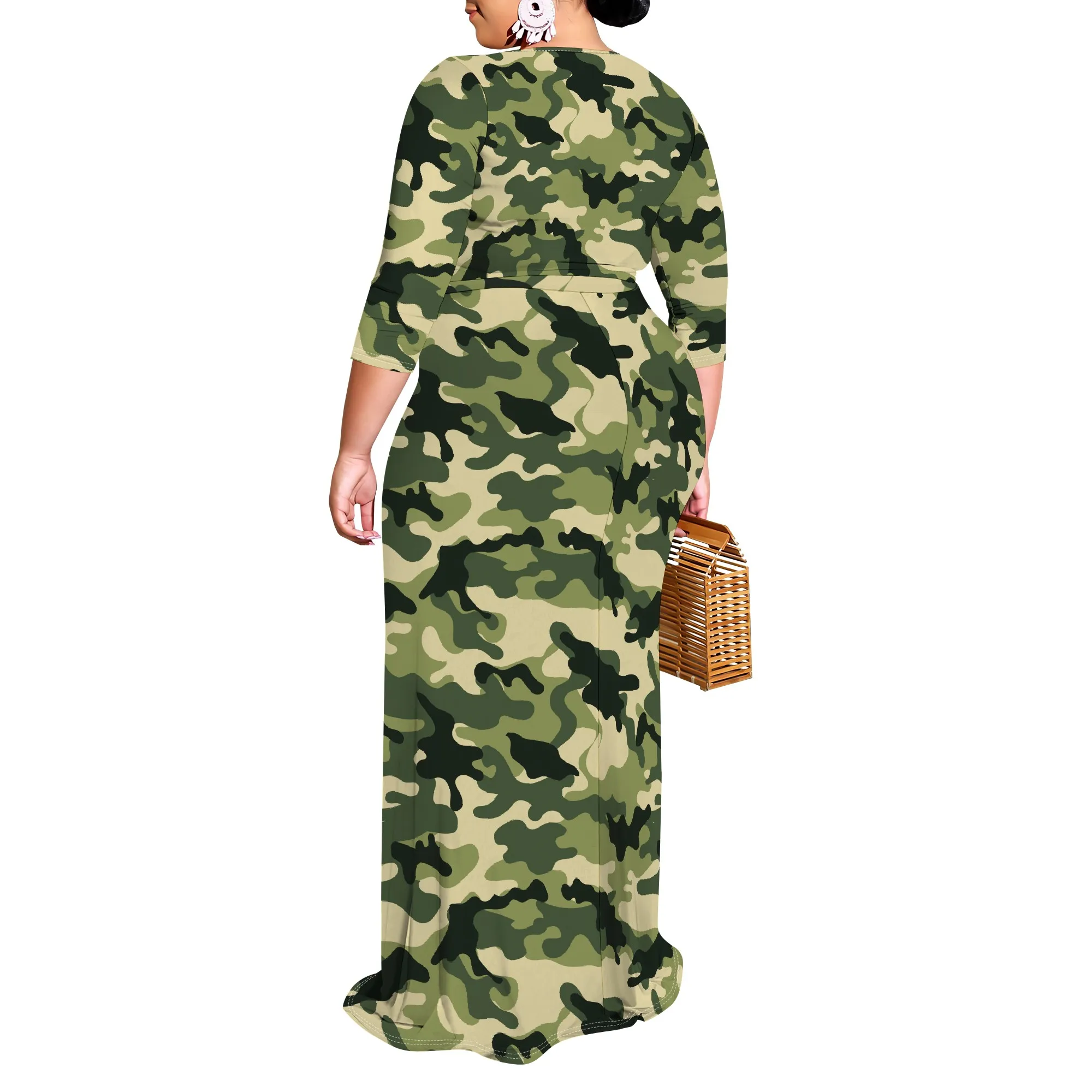 Camo Print Wrap Maxi Dress XL-6XL V-Neck 3/4 Sleeve Belted Bodycon Style for Casual Streetwear, Weekend Outing or Travel Look
