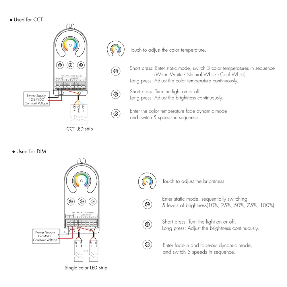 

Skydance V5-T(WT) DC12-24V WiFi+2.4GHzRF+Touch button 5in1 Smart Tuya Controller For Single/Double White RGB RGBW RGB+CCT Strip