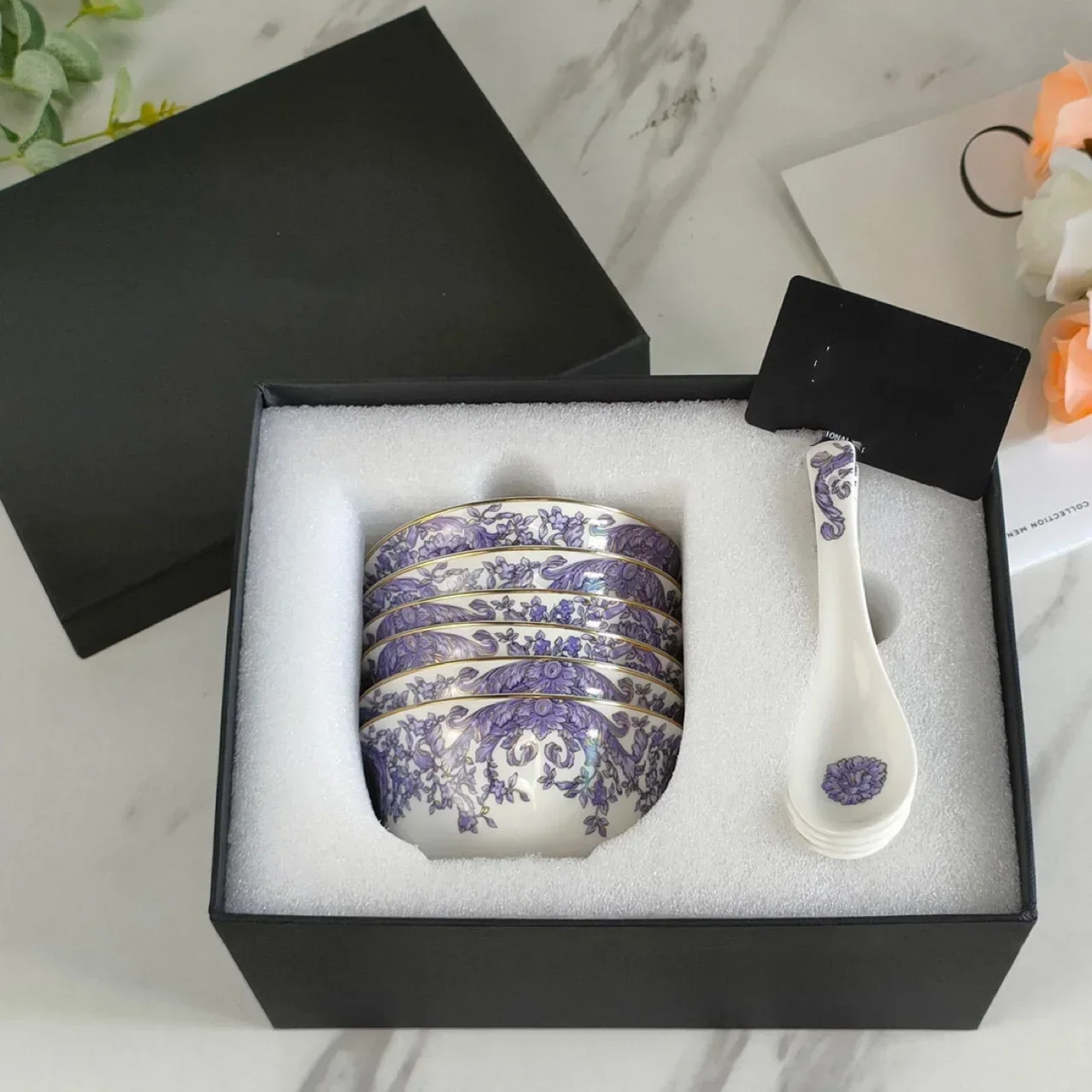 

European Purple Bone Porcelain 6 Bowls and 6 Spoons Set Gift Box Home Premium Bone Porcelain Rice Bowl Small Soup Spoon As Gift