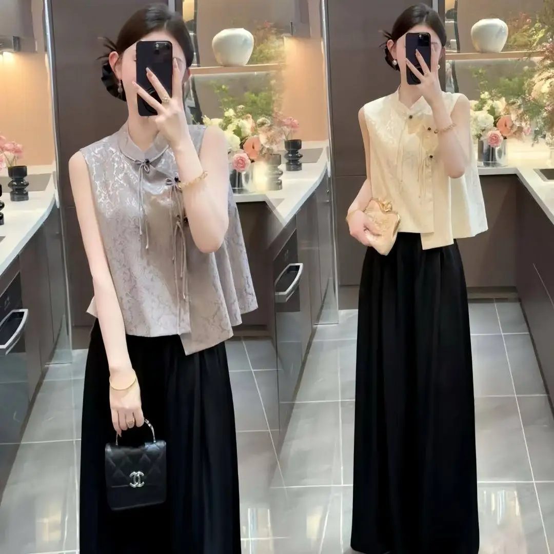 

Spring and Summer New Chinese Style Tank Top High-end Sleeveless Top Casual Wide Leg Pants Two-piece Set