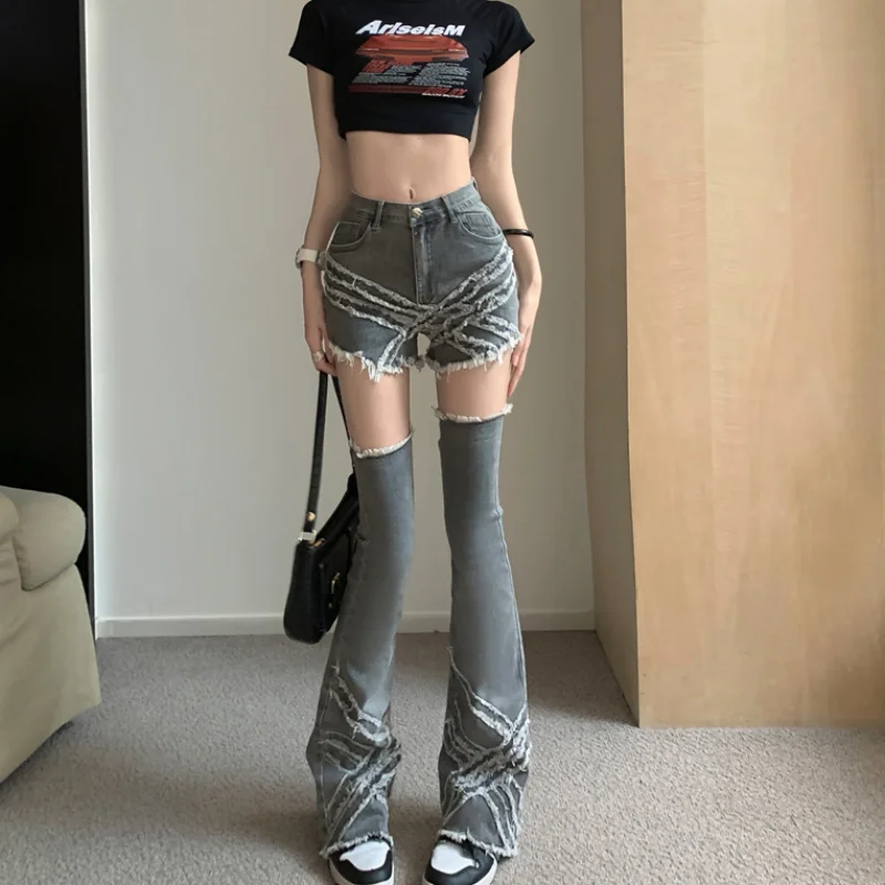 

Grey Ruffled Fringed Jeans Women' Retro Straight Tube High Waisted Self -cultivation Micro Flared Pants Detachable Shorts Summer