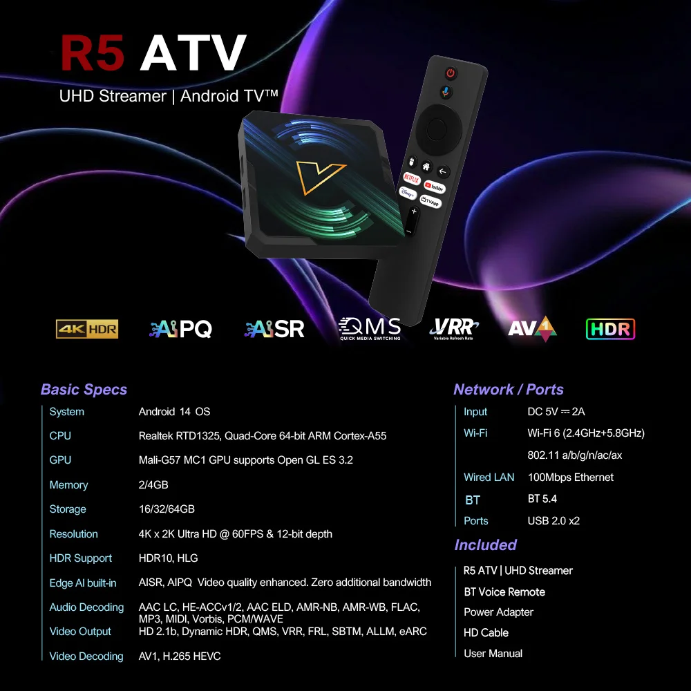 Realtek1325 CPU A55 Edge AI Mali-G57 GPU VONTAR R5 Android 14 TV Box ATV يدعم AI-PQ AI-SR HDR10 + مشغل الوسائط أندرويد 14.0