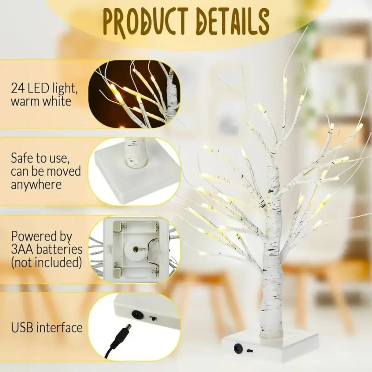 Árbol de Pascua de 24 LED, ramas ajustables de abedul 3AA y fuente de alimentación USB, luz decorativa para árbol de dormitorio (sin batería), 1 ud.