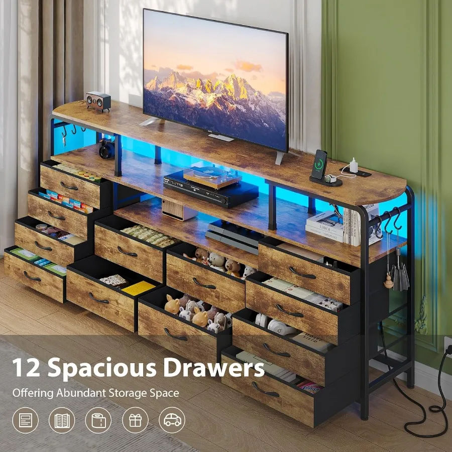 Suporte de tv para tv 65 70 polegadas, centro de entretenimento de 63 w com tomada de energia, luz led, cômoda longa com 12 gavetas de tecido para quarto