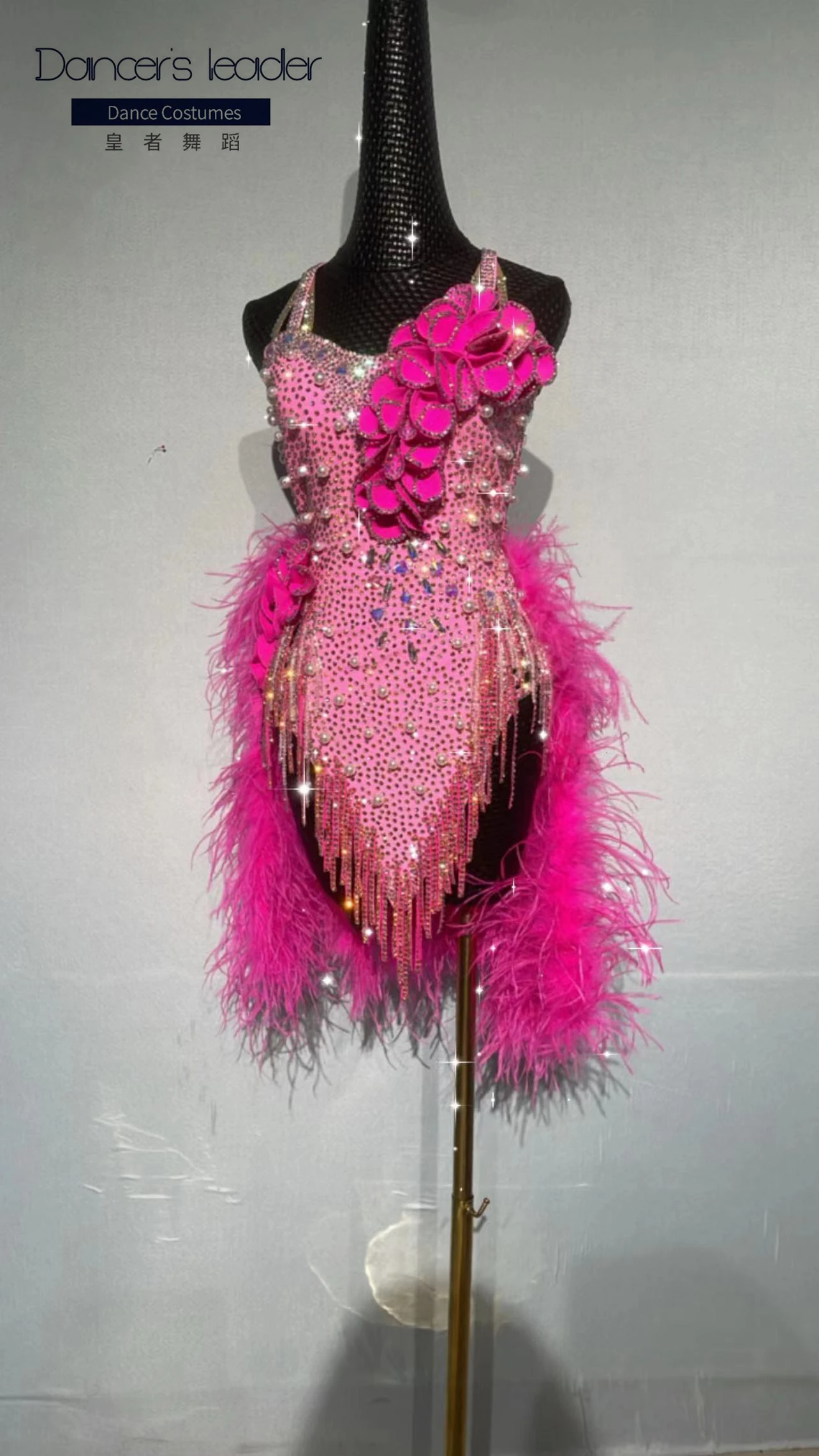 Danza latina capelli di struzzo personalizzati di fascia alta vestito rosa pieno del corpo diamante Cha Tango vestito professionale da palcoscenico per adulti femminile