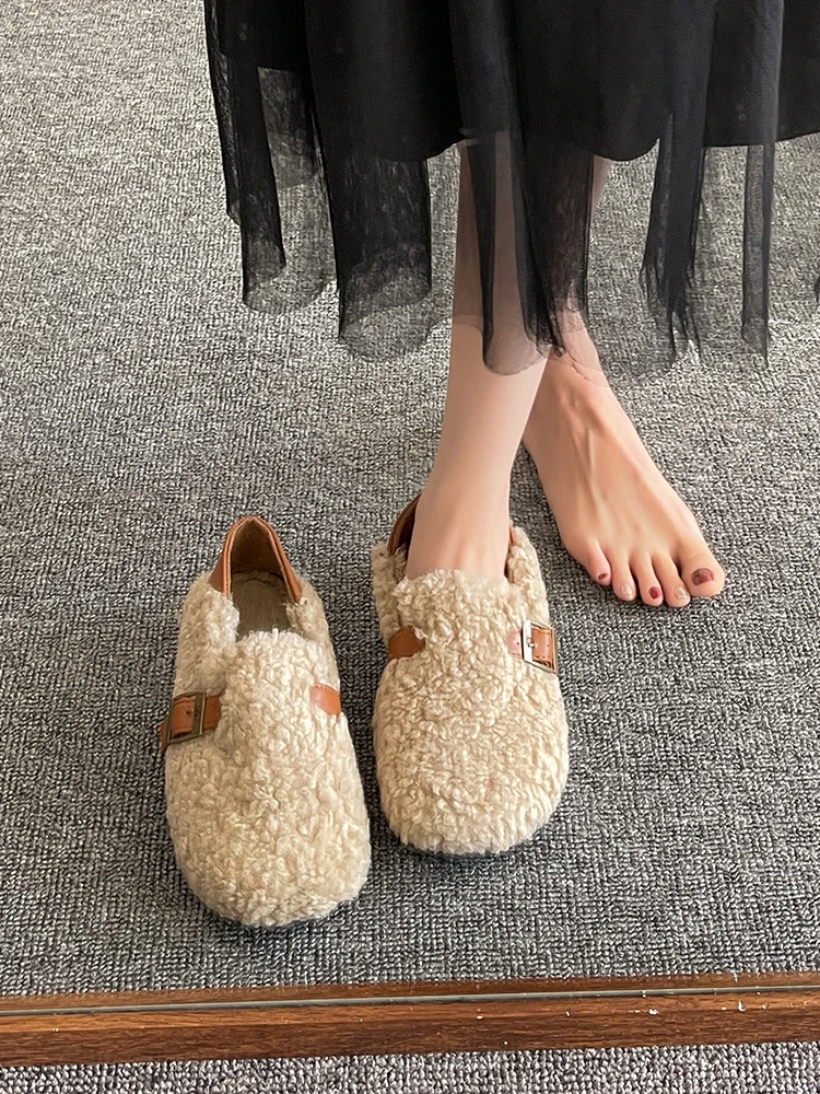 Cover Toe Shoes Woman\'s Slippers Slides Low Flock Loafers Fur Flip Flops 2023 Summer Flat Plush with fur Rubber  Basic