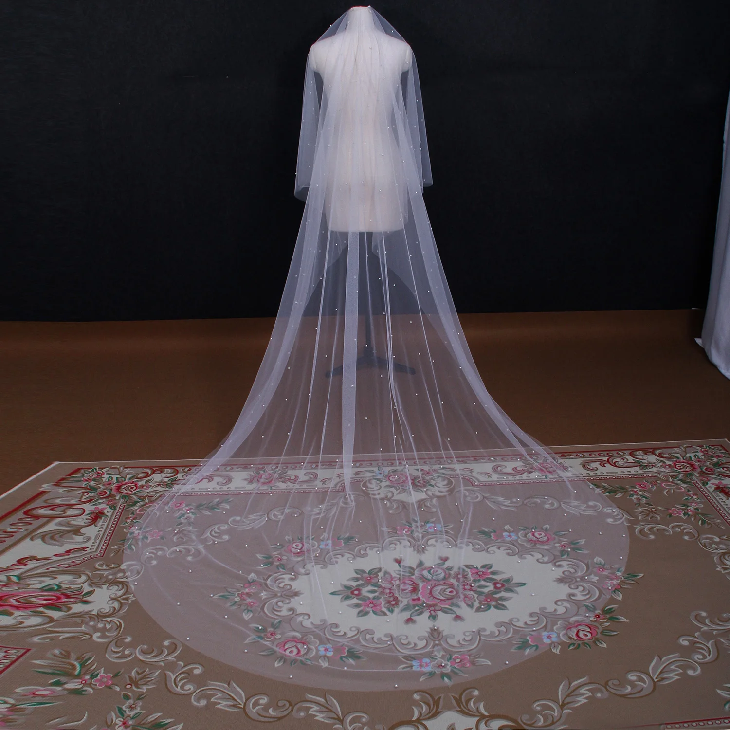 NZUK 2 Layer Cathedral Wedding Veil with Blusher Long Bridal Pearls Veus Bridal Veils Cover Front and Back