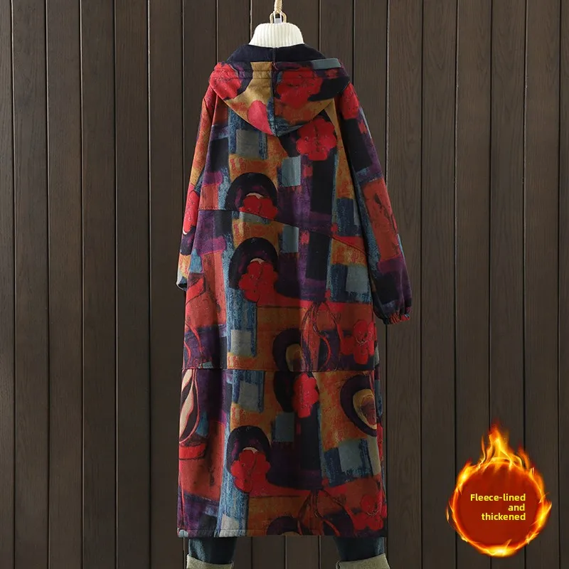 Jaqueta de aodão de lã espada retrô longo solto cobrindo a barriga impro casaco com capuz outono inverno novo estilo ...