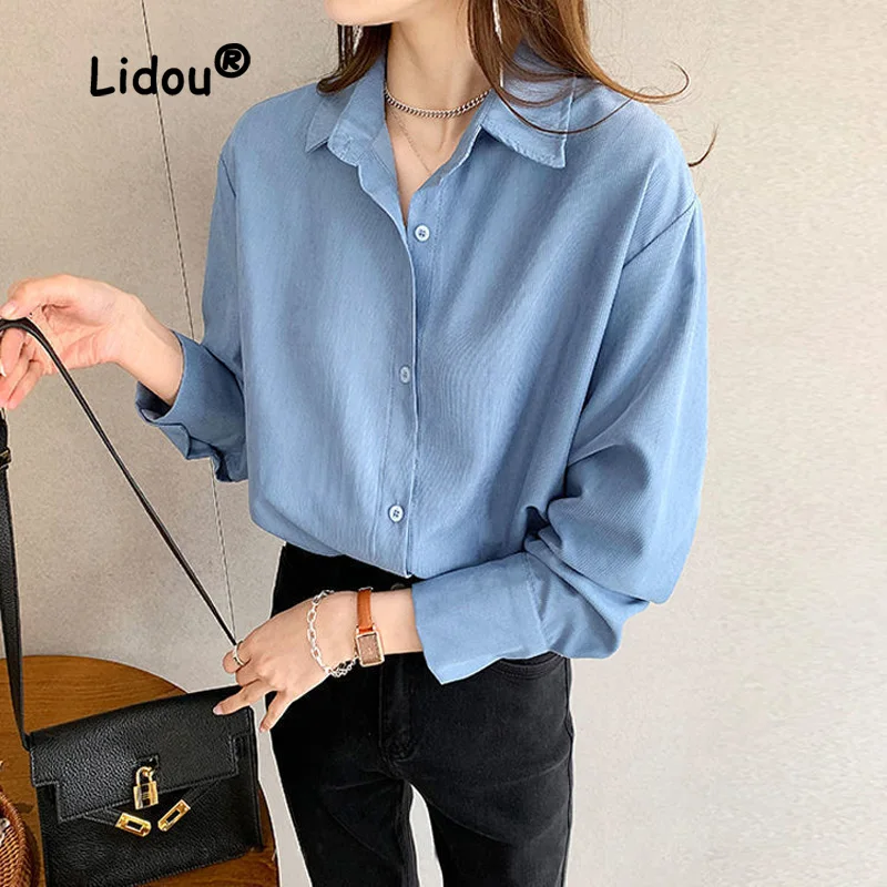 

Fashion Office Solid Color Single-breasted White Blouse Women New Classic Long Sleeve Turn-down Collar Loose All-match Shirt