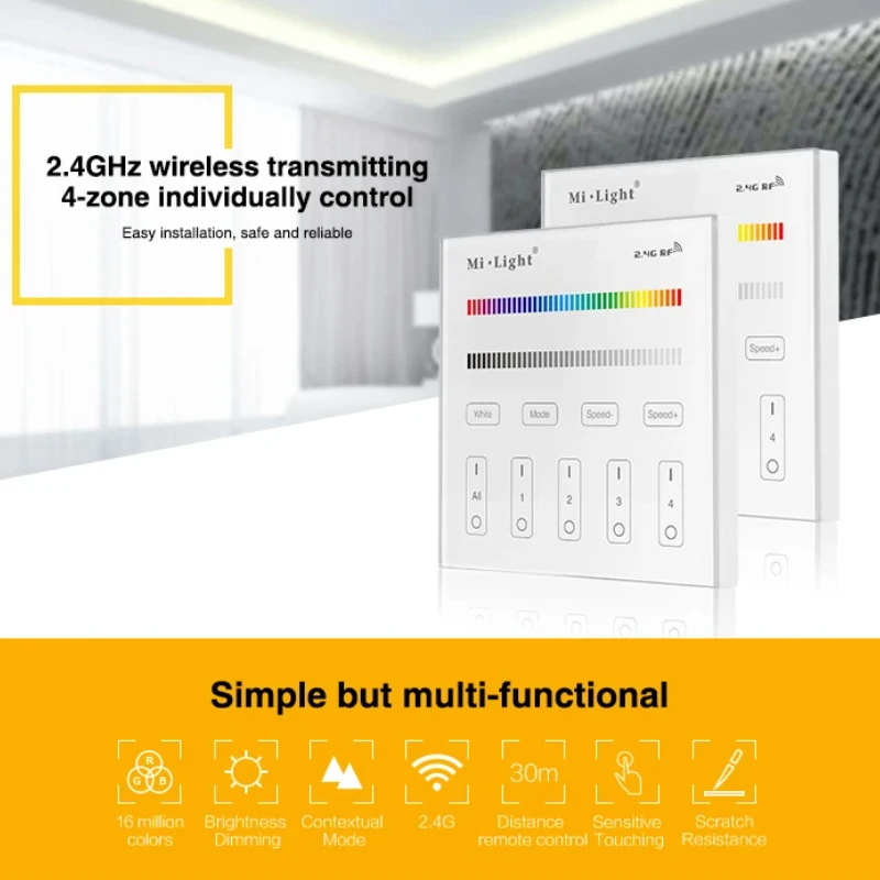 MiBoxer T3 4-Zone RGB/RGBW Panel Remote Switch 2.4GHz 86Touch Brightness Adjustable Controller AC100-240V For LED Strip/Led Lamp